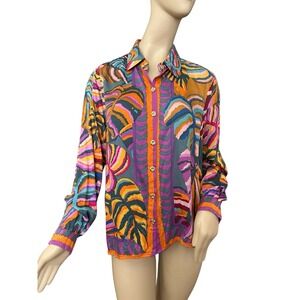 Rose & Thyme Colorful Tropical‎ Blouse Women's Large 100% Rayon Short Sleeve